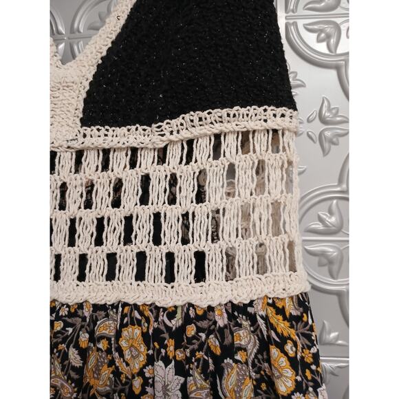 Forever 21 Crochet Floral Sundress L Black Babydoll Maxi Festival Hippie Gypsy - Picture 8 of 16